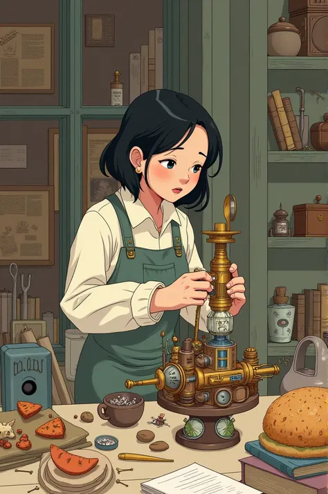 A person about build a something holding utensils and in anime ghibli style and hand drawn