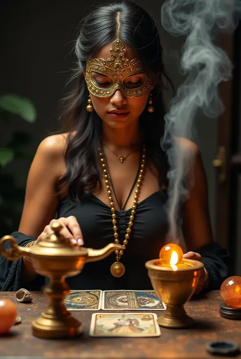 She is an Asia woman" Myanmar girl" and she wearing a golden mask, her eyes are sharp as she reads tarot cards. On the table are tarot reader cards and crystal balls, and an Aladdin lamp with smoke rising from it. Her clothes are securely tied. 