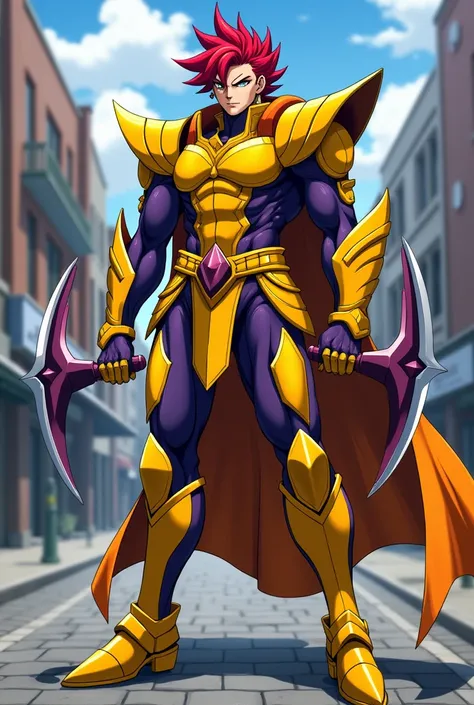 A powerful villain humanoid being, wearing a cool powerful yellow purple armoured costume of mix color, two big spinning blades on his forearms of his hands, anime figure, red hair, detailed picture, high resolution image, looking straight, serious face, b...