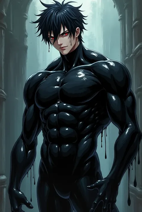 anime character: anime handsome,High image quality. Muscular, Villain Face． Handsome man in a tight black latex suit handsome.asia handsome．black hair．red eye．guile hair,A black liquid with a high amount of mucus that clings to the body. ．A black liquid wi...