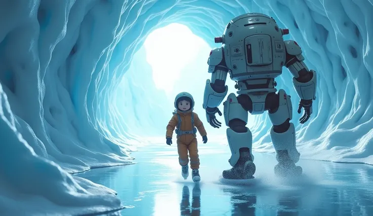 Japanese animation movie. A young space explorer and his companion, a large robot, are skating through a vast ice cave on an uncharted planet. The cave is illuminated by a soft bluish-white glow reflected off the ice, creating a fantastical and otherworldl...