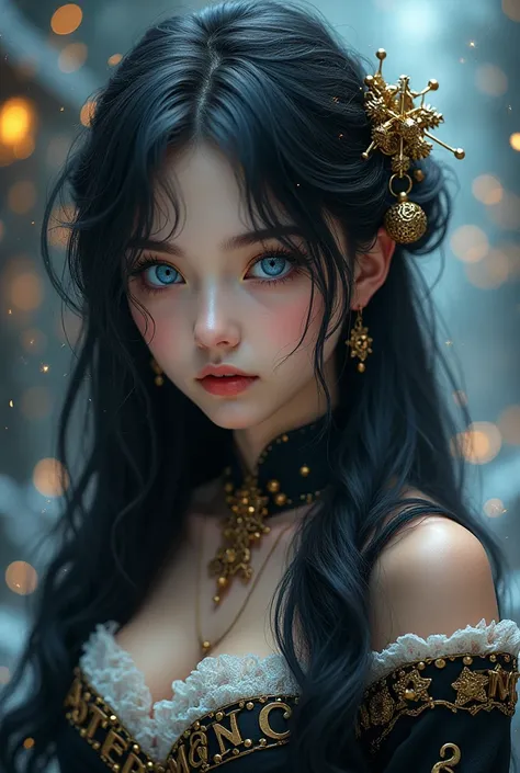 Steampunk.、、Gross、 detailed beautiful face and eyes ，( blue eyes ) " What is decorated with beautiful letters ( black hair long hair, 、translucent , Christmas clothes . In the background、More sparkling sparkles are scattered, Dreamy, Sparkling atmosphere ....