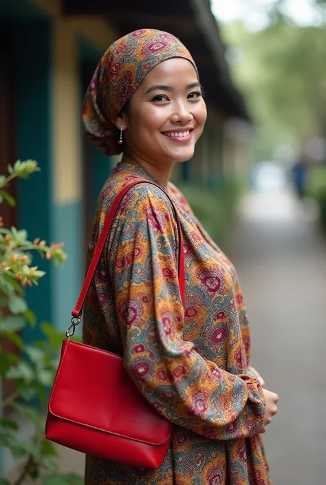 Indonesian woman, 20 years  Her body is a bit fat. while carrying a small red bag, wearing a headscarf and a long-sleeved patterned shirt. Posing uniquely and gracefully to the camera. The pose photo was taken from the side.