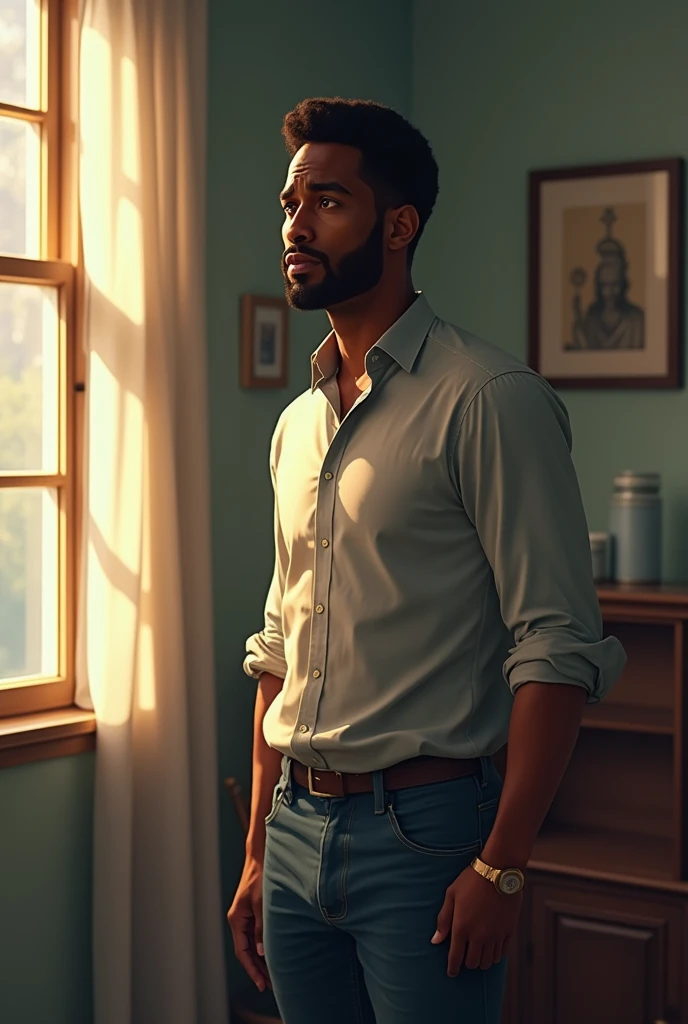 Black man standing in room in shirt and jeans looking out the window. Looking worried