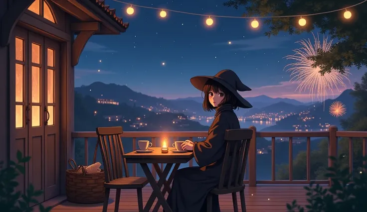 8k、 high school girl、 mature、smile、 Looking Back、 dark brown robe、Three-cornered hat、 medieval Europe with wooden basket、 Another World、Cafe、 Wood Deck 、table、sit、ホットCafeオレ、night、Town view、 starry sky 、firework、 romantic、 glitter、Anime 2D Style、Lo-Fi、LoFi、...