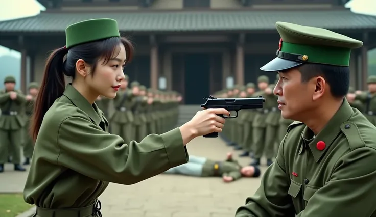 Ultra Wide, A beautiful Chinese girl, wearing a green Japanese soldiers shirt with an open chest, a green Japanese soldiers cap on her head, holding a pistol in her hand, pointing the gun at a man about 50 years old, wearing a Japanese military uniform, co...