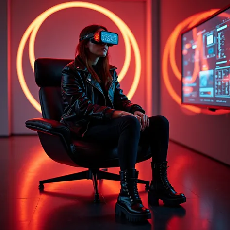 Description:  The image shows a futuristic person sitting in a modern design chair ,  in an advanced digital environment .  She is wearing a black leather jacket brilliant technological ,  combined with dark pants and futuristic boots .  Her augmented real...