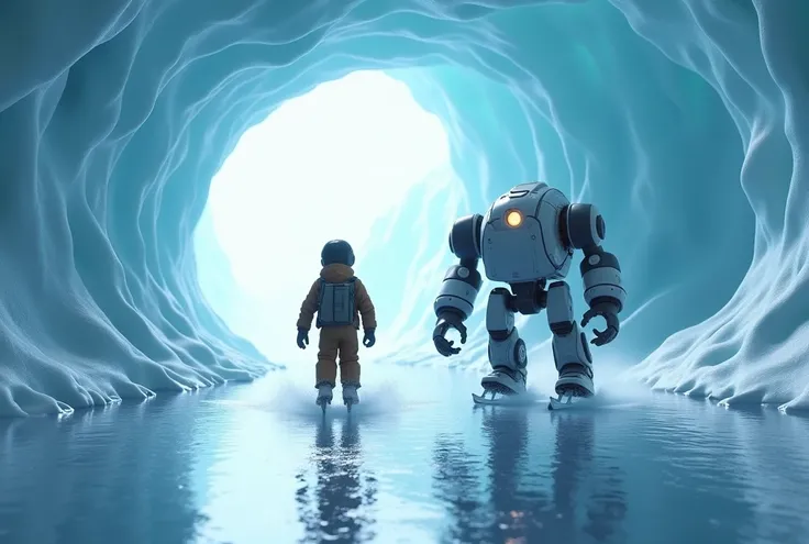 Japanese 3D animation movie. A young space explorer and his companion, a large robot, are skating through a vast ice cave on an uncharted planet. The cave is illuminated by a soft bluish-white glow reflected off the ice, creating a fantastical and otherwor...