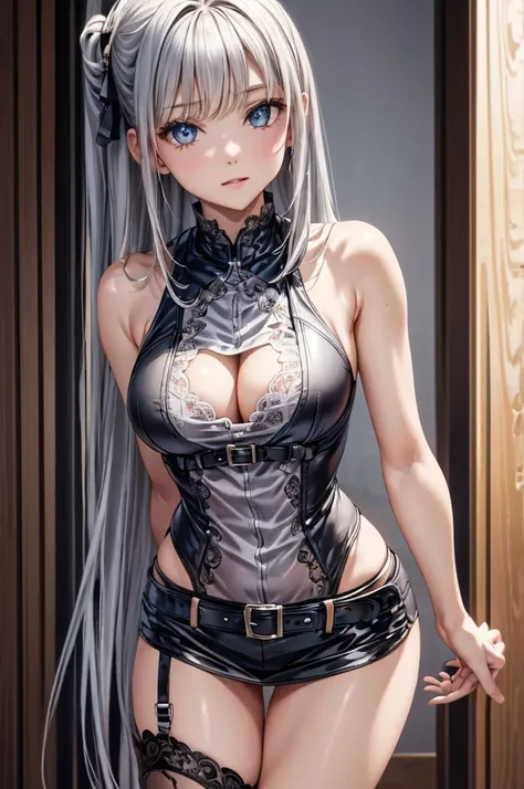 masterpiece, best quality, absurdres, perfect anatomy, 1girl, solo, long silver deep gray hair, cropped jacket, belt, cowboy shot, standing, smile, (arm behind back:1.5),(leaning forward:1.25),(perfect eyes:1.5), heterochromia,red eyes, gray eyes, leather,...