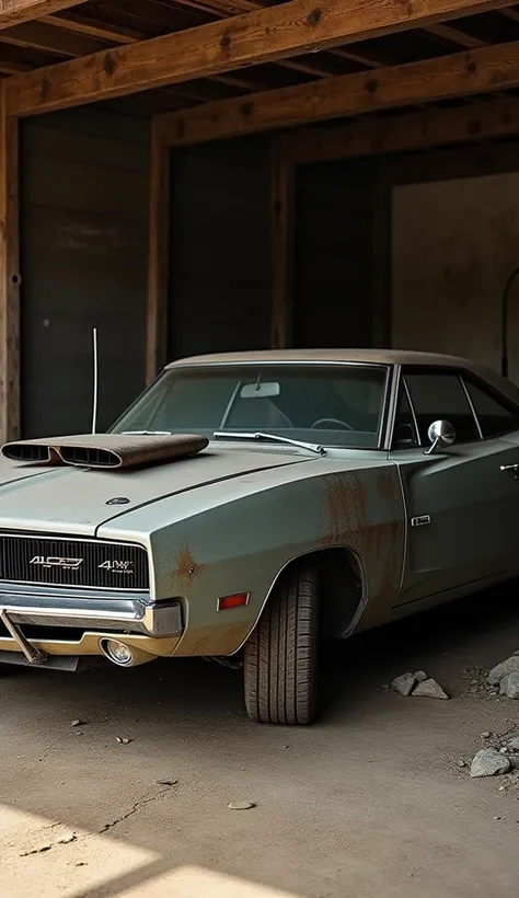 1969s Dodge Charger with suction filter stand in old wooden hut, dusty