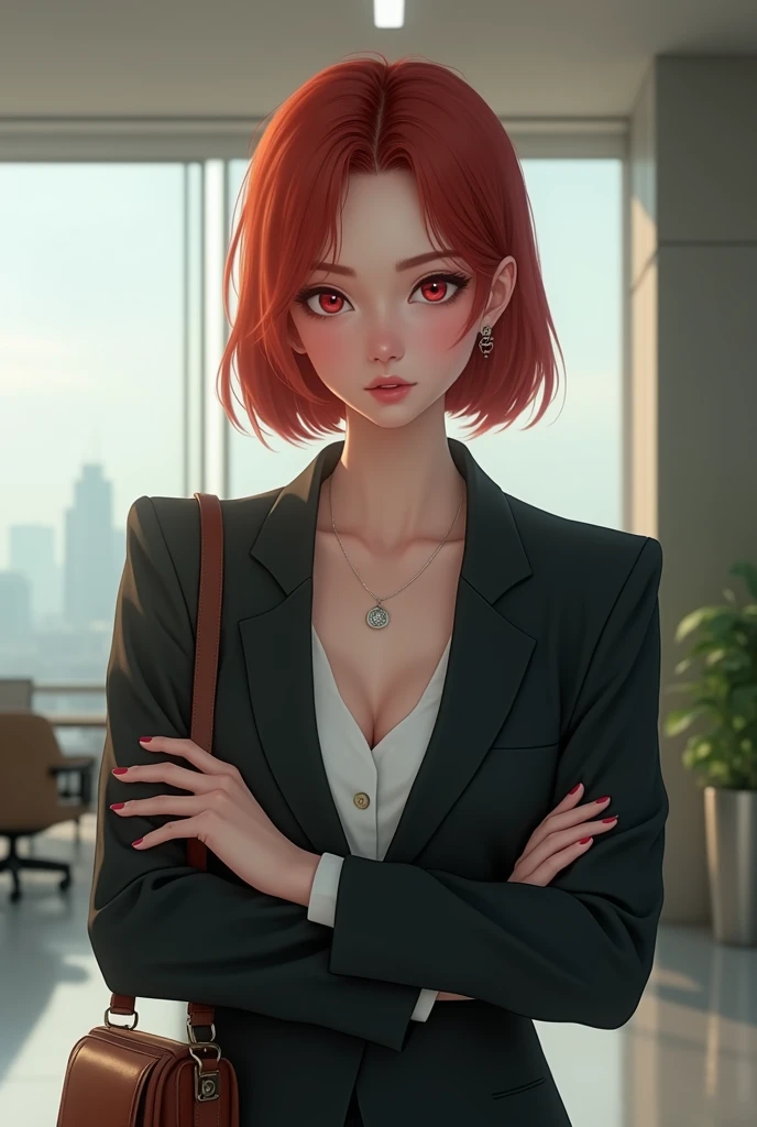  21 year old woman short hair red eyes, dressed in office clothes .