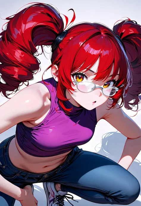 (masterpiece, best quality:1.2), 1 girl, solo, voluminous red hair, twin tails hairstyle, big white glasses, eyeliner, tight sleeveless turtleneck crop top,  jeans, detailed beautiful eyes, detailed beautiful mouth, sneakers, glistening golden eyes, creati...