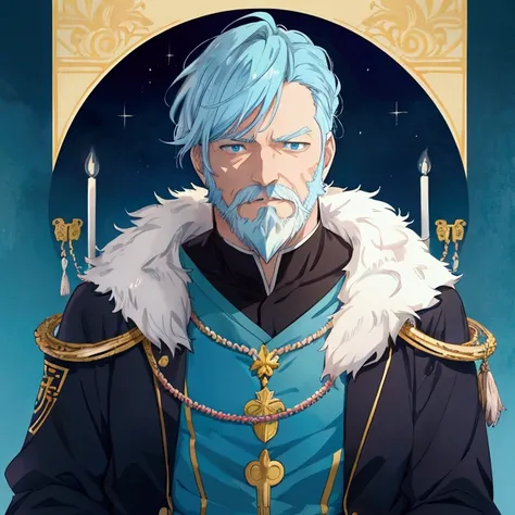 anime,Middle-aged man,king, light blue hair, s, fantasy,Bearded