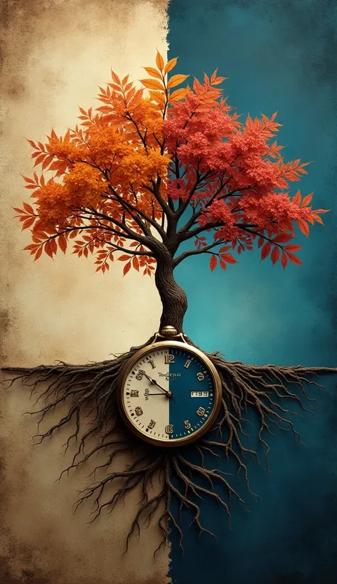  Create an image that represents the connection between the past and the present :  on one side an antique watch with sepia tones and aged textures on the other side a digital watch on a modern and colorful background.  In the center a tree with deep roots...