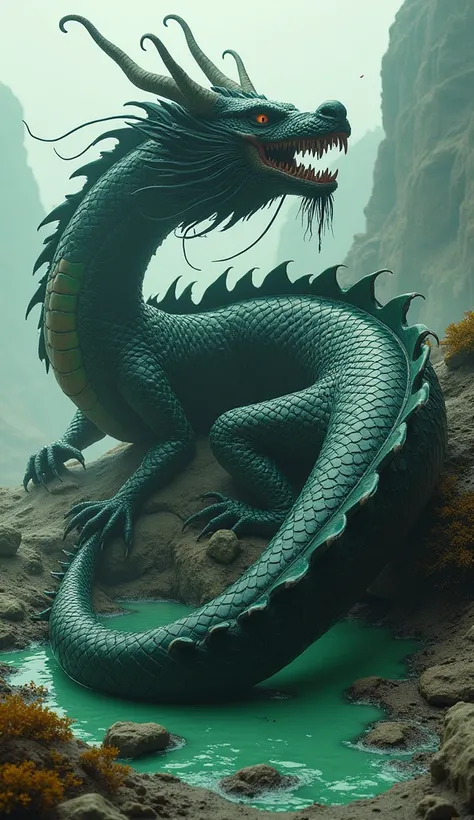 ((masterpiece,  top quality,  Highest image quality  ,  high resolution when surfing, Realistic,  original photo,  extremely detailed unified CG 8K wallpaper )),  Chinese mythology ， Outside the city wall ，  A black Chinese dragon is injured lying on the g...