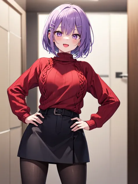  1 girl, solo, Purple Hair,  bob hair, Beautiful breasts, medium chest ,Red knitted sweater, black miniskirt,tights, hair clip,Slanted Eyes, Light purple eyes,  open your mouth slightly, Bullish face,happiness/joy,  standing with different breasts ,Place y...