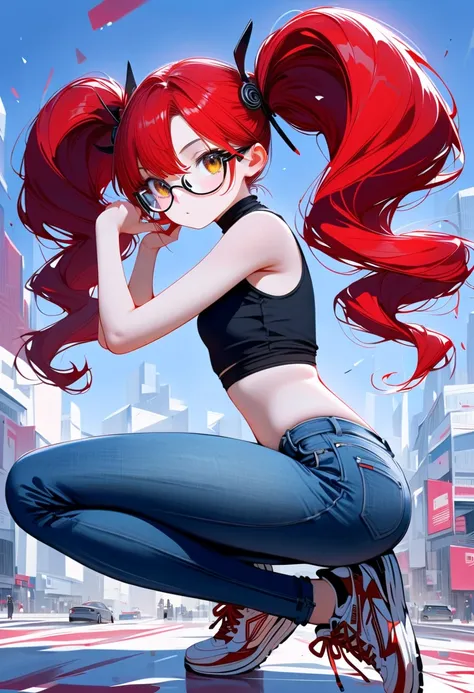 (masterpiece, best quality:1.2), 1 girl, solo, voluminous red hair, twin tails hairstyle, white frame glasses, eyeliner, tight sleeveless turtleneck crop top,  jeans, detailed beautiful eyes, detailed beautiful mouth, sneakers, glistening golden eyes, crea...