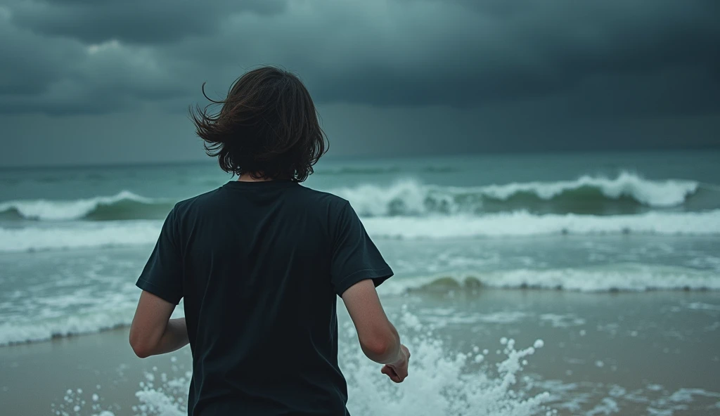 Realistic picture ,a young man with shoulder length hair, standing in beach, cloudy dark clouds , running towards the sea wearing black T-shirt, rear point of view wide ,realistic style, realism, 