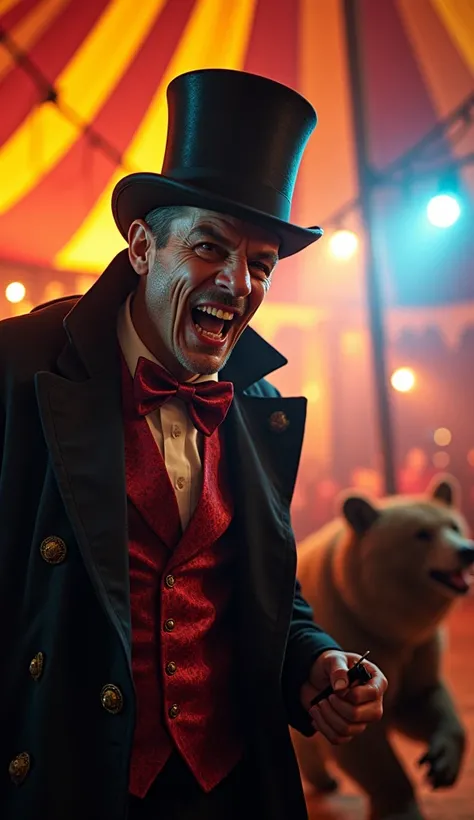 "A close-up portrait of the circus master, laughing maniacally in the center of a circus tent, unaware of the danger approaching behind him. His face is twisted with an evil grin, his eyes wide and filled with malice, dressed in a flamboyant costume with a...