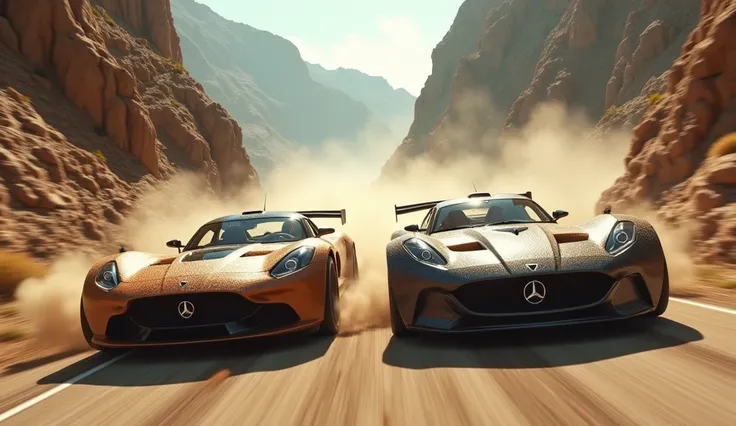 Dynamic Action Shot: Both cars racing side by side on a winding mountain road, with dust and debris flying, capturing the essence of a high-speed battle.