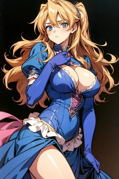 rosettechristopher, masterpiece, best quality, 1girl, blond, hair_tie,, blue_dress, elbow_gloves, pink_gloves, large breasts, cowboy shot,anime coloring, retro style,,masterpiece, best quality, 1girl,