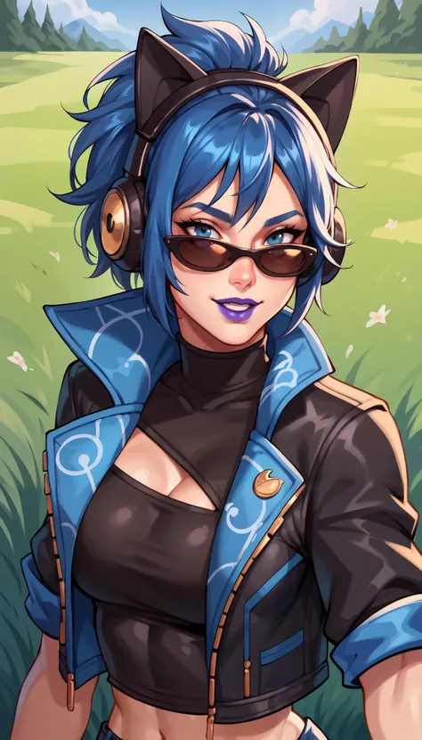 BREAK,  FNHeroHop, blue hair, cat ear headphones, blue eyes, purple lips, open collared jacket, clothing cutout,  short sleeves, black turtleneck, midriff, fingerless gloves,  sunglasses, grass, seductive smile, looking at viewer,  breasts, 1 girl, solo, u...