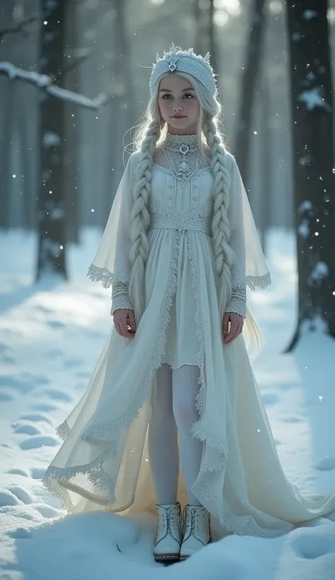 A russian girl with long white hair in a braid, snow maiden, full body, traditional russian dress, kokoshnik, pantyhose, white boots, winter forest on background, (best quality,4k,8k,highres,masterpiece:1.2),ultra-detailed,(realistic,photorealistic,photo-r...