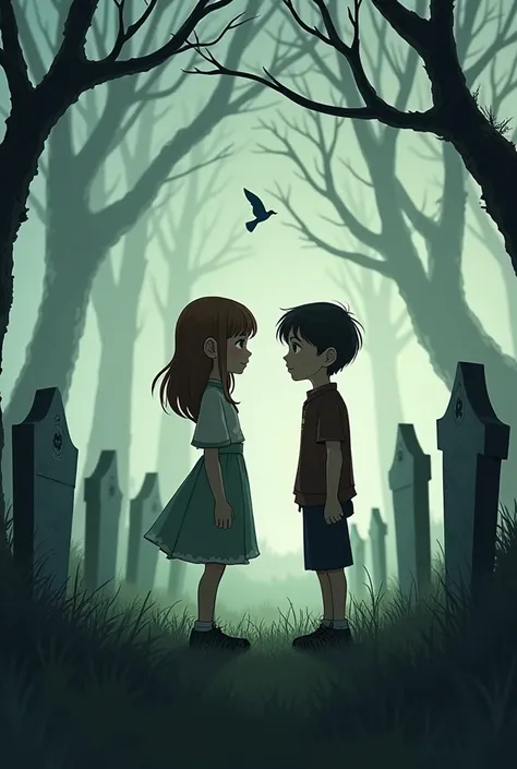 Clara and jone. One boy and girl talking background is graveyard 