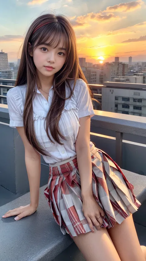 masterpiece,Highest quality,1 person,1,Cowboy Shot,Front view,Young and cute Japan,(well-proportion:1.3),A small smile,Lunch break,((rooftop)),((bright red sunset:1.5)),((the wind is strong:1.5)),((Long flowing hair:1.5)),((Skirt flip:1.5)),Schoolgirl unif...