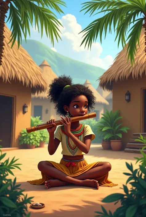 Etiopian girl is sitting in the middle of the cottages and playing the flute 