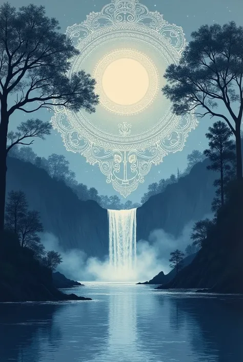 simple, beautiful rectangular, long like on wall painting, asymmetrical white rangoli design look like artistry with silhouette of scenario with water or waterfall under tree under moonlight  in different shapes