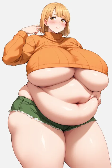 Ashley Graham , ashley graham,　 shortcut,　 orange sweater ,  miniskirt, 緑色のチェック柄のスカート,  Long Sleeve ,  yellow eyes, Thighs,  Golden Hair ,  score_9,   score_8_up,   score_7_up,   score_6_up,   score_5_up,   score_4_up,     Masterpiece  ,   top quality,   v...