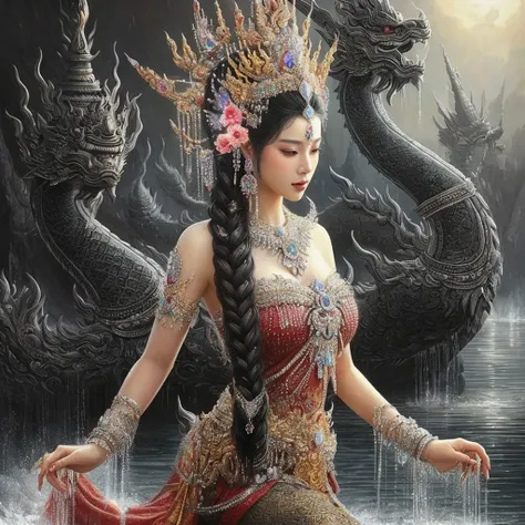 painting of a woman in a red dress sitting in front of a dragon, a beautiful fantasy empress, thailand art, ((a beautiful fantasy empress)), ancient chinese goddess, goddess. extremely high detail, queen of dragons, extremely detailed goddess shot, a stunn...