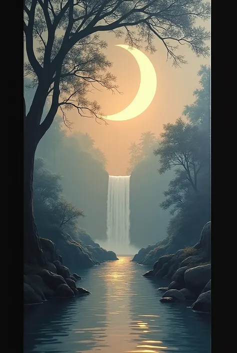 simple, beautiful rectangular, long like on wall painting, asymmetrical white rangoli design look like artistry with silhouette of scenario with water or waterfall under tree under crescent moonlight  in different shapes