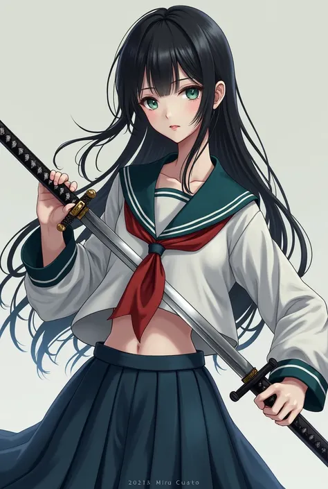  odd-eye、A beautiful girl holds a Japanese sword、belly button、  sailor suit 、   Long Black Hair 