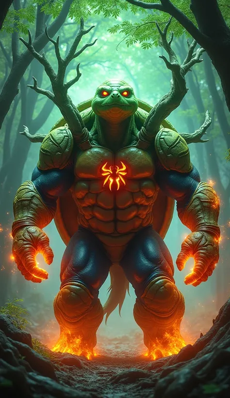 Create 32k Ultra-realistic, highly detailed fusion of a fiery, colossal, dangerous hybrid with the massive armored body of a turtle and Spider-Man’s costume, enhanced by the powerful aura of an oak tree. The final form features a massive, armored turtle sh...