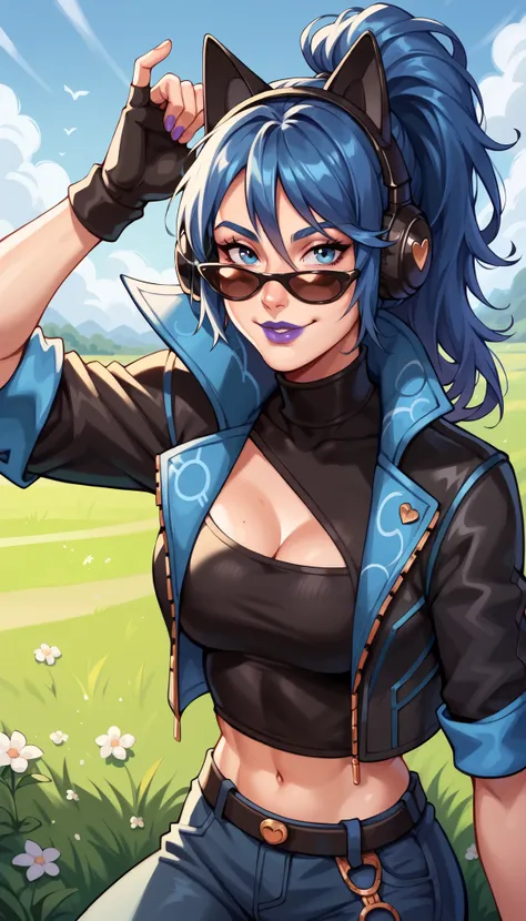 BREAK,  FNHeroHop, blue hair, cat ear headphones, ponytail, blue eyes, purple lips, sunglasses, open collared jacket, clothing cutout, short sleeves, black turtleneck, midriff, fingerless gloves, grass, seductive smile, looking at viewer,  breasts, 1 girl,...