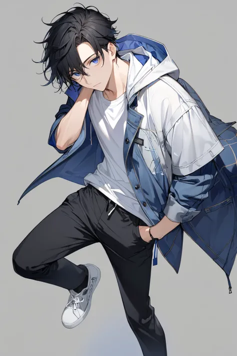  best quality  , coat ,  t-shirt  , male ,  full body ,  black hair  , indigo eyes ,  no background