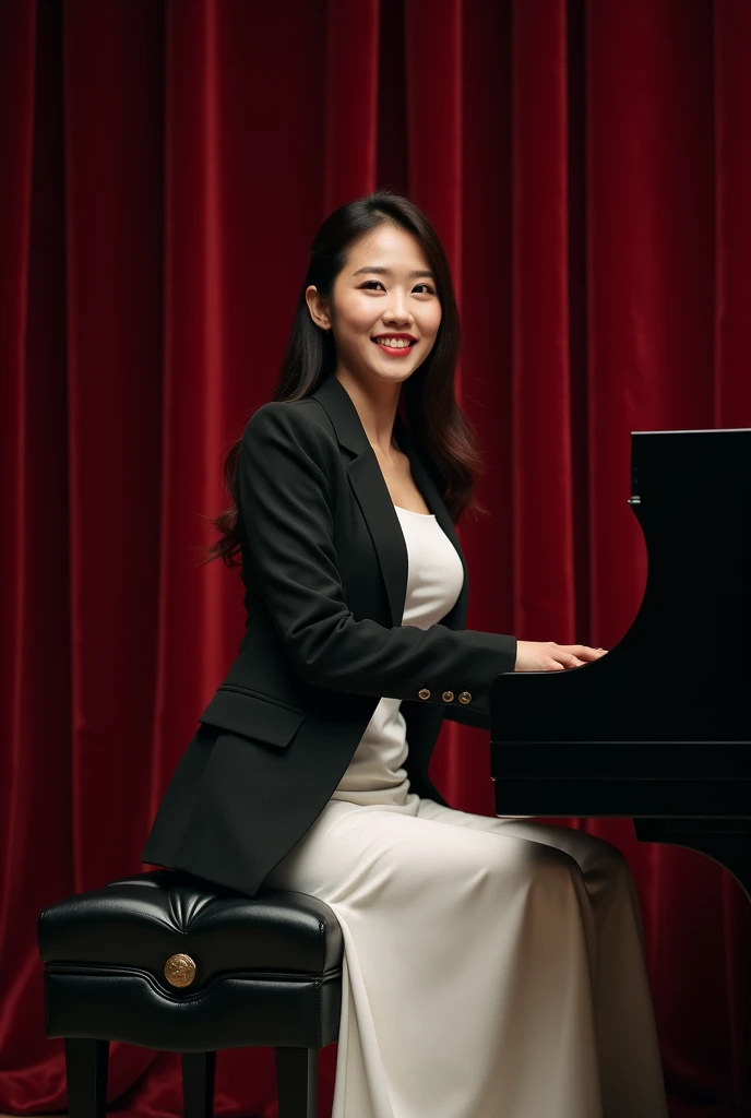 Photo of beautiful Korean woman smiling playing piano full body wearing white dress black suit on stage 