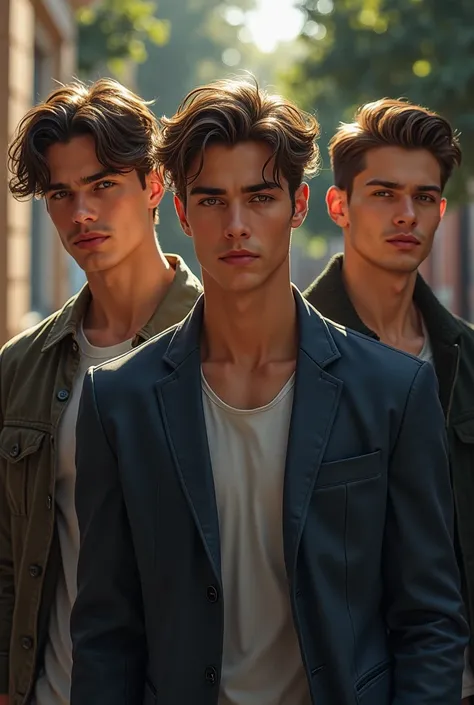 Three young and extremely attractive and sexy guys,  are classmates and very different from each other,  realistic 