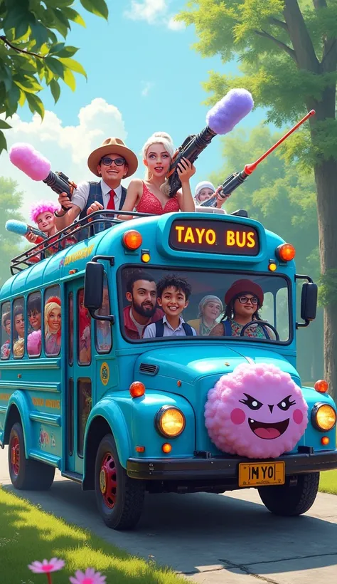 Blue Tayo bus "WE" full of cool cyberpunk cotton candy lots of weapons with a cheerful feel in the park during the day