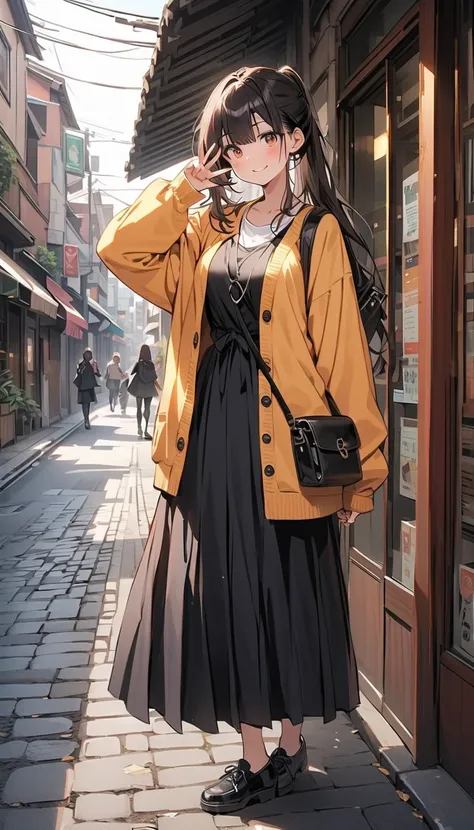 Adult female　Beauty　 penetrates 　  ponytail　 black hair　smile　 Embarrassing 　　 cardigan 　 check long skirt　　  peace sign　Small Bag　Around town　 Photographing Her Full Body 