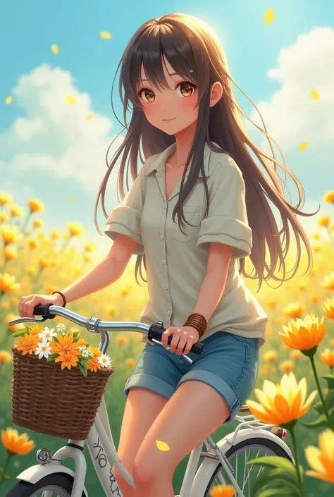  Super Fantasy Japanese CG Illustration ，A gentle Taiwanese sister， Loose linen shirt and denim shorts， Leather bracelet on wrist 。 long hair，Hair Color Natural Brown 。  Riding a white bicycle in a sea of flowers ， Bicycle front basket with a bunch of flow...