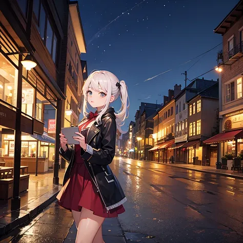 beautiful girl, high textures, scenery, masterpiece, best quality, town, night time
