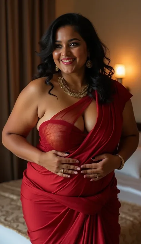 Hot, appealing, beautiful, stunning, hour glass  figure, curvy figure with hot curves, bold, and plus size indian mature aunty (age 45 years) with beautiful naughty smiling face (with sharp facial features). Wearing a seductive saree with full naval tummy ...