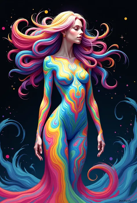 A vibrant and colorful depiction of a female figure. She has her hair flowing in a wavy manner, intertwined with swirling patterns of vivid colors. The figures body is painted with a myriad of hues, including blues, yellows, pinks, and greens, forming intr...