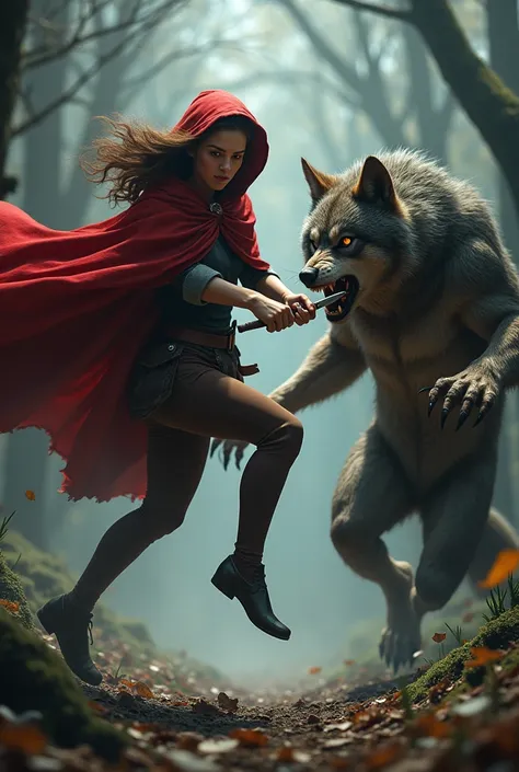 Little red riding hood as a 20 year old, jump attack with a knife, fighting an aggressive werewolf, the werewolf has sharp claws and sharp teeth, action scene