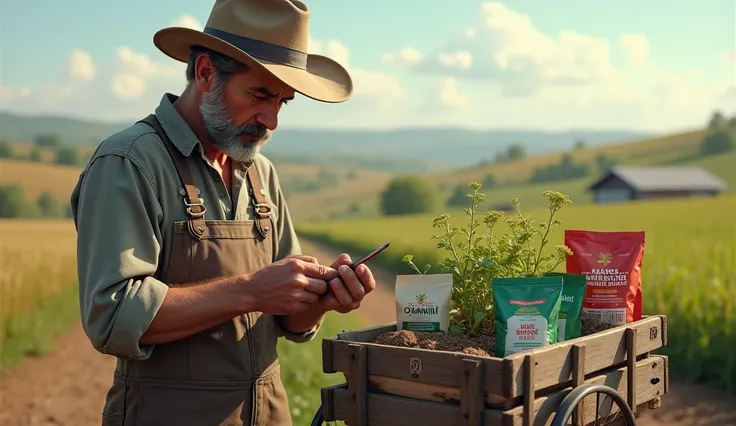  A farmer examining modern seeds and organic fertilizers, with a small cart of farming supplies beside him.