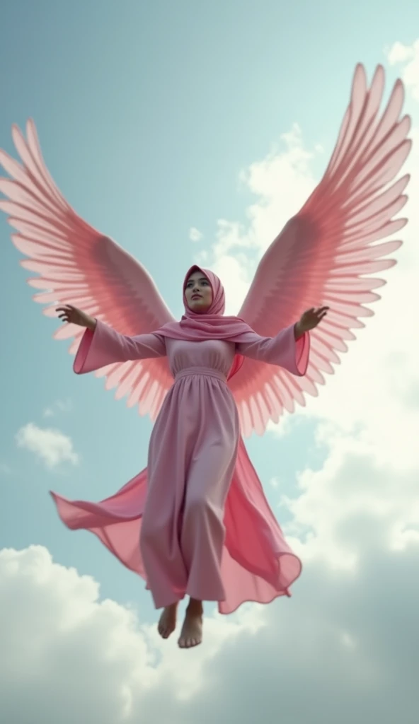  Generate an image of Realistic real beautiful indonesian woman in neat hijab matching pink color, flying with thick wings ,cloudy sky background .In the style of Movie stills, with 9: 16 aspect ratio .