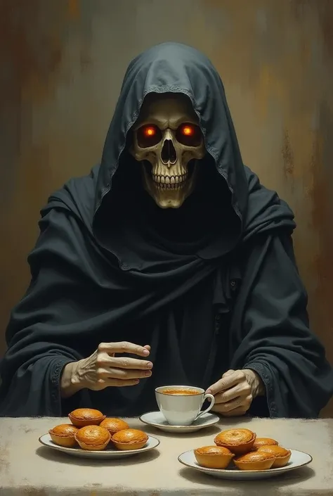 gloomy epic death figure ,  wrapped in an old black wide hooded cloak, instead of a face, a skull, burning eyes,  sits at a set table in an apartment ,  holds a cup , drinks tea,  in one hand holds a pie , eats a pie ,  on the table a dish with small golde...